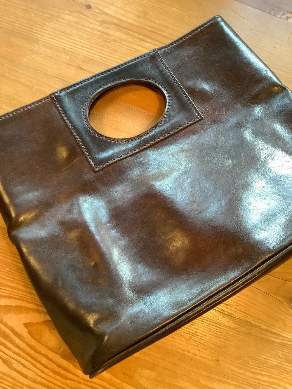 Vintage Dark Chocolate Brown Leather Keyhole Clutch Tote Bag - Made in Italy